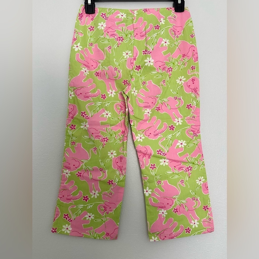 Lilly Pulitzer Girls Pink Elephant Capri Pants Sz 10 Green Cotton Stretch Preppy - Picture 2 of 5